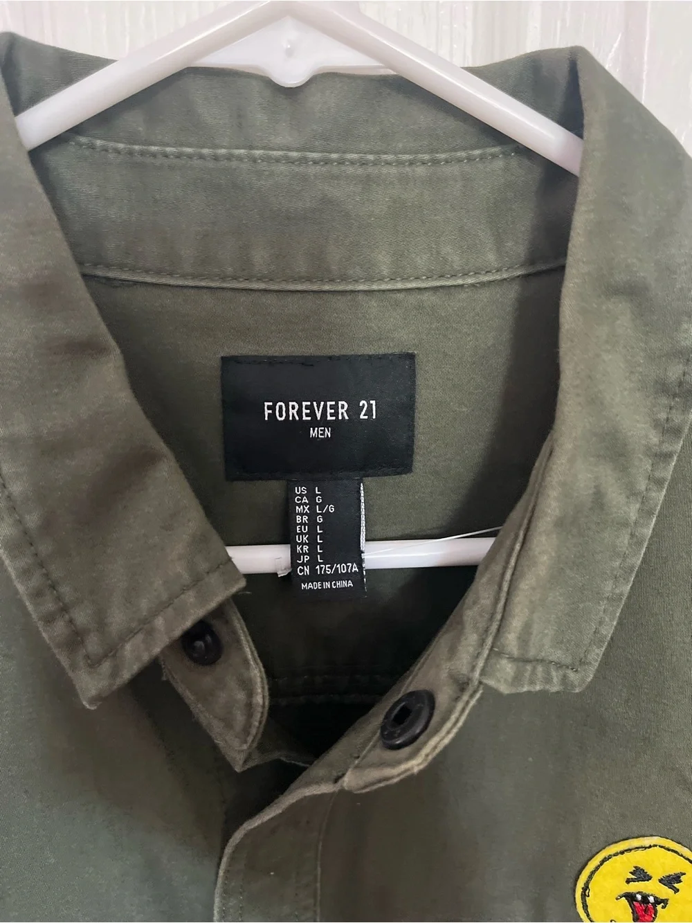 Forever 21 Olive Green Military Field Jacket with Red and Yellow Patch Accents